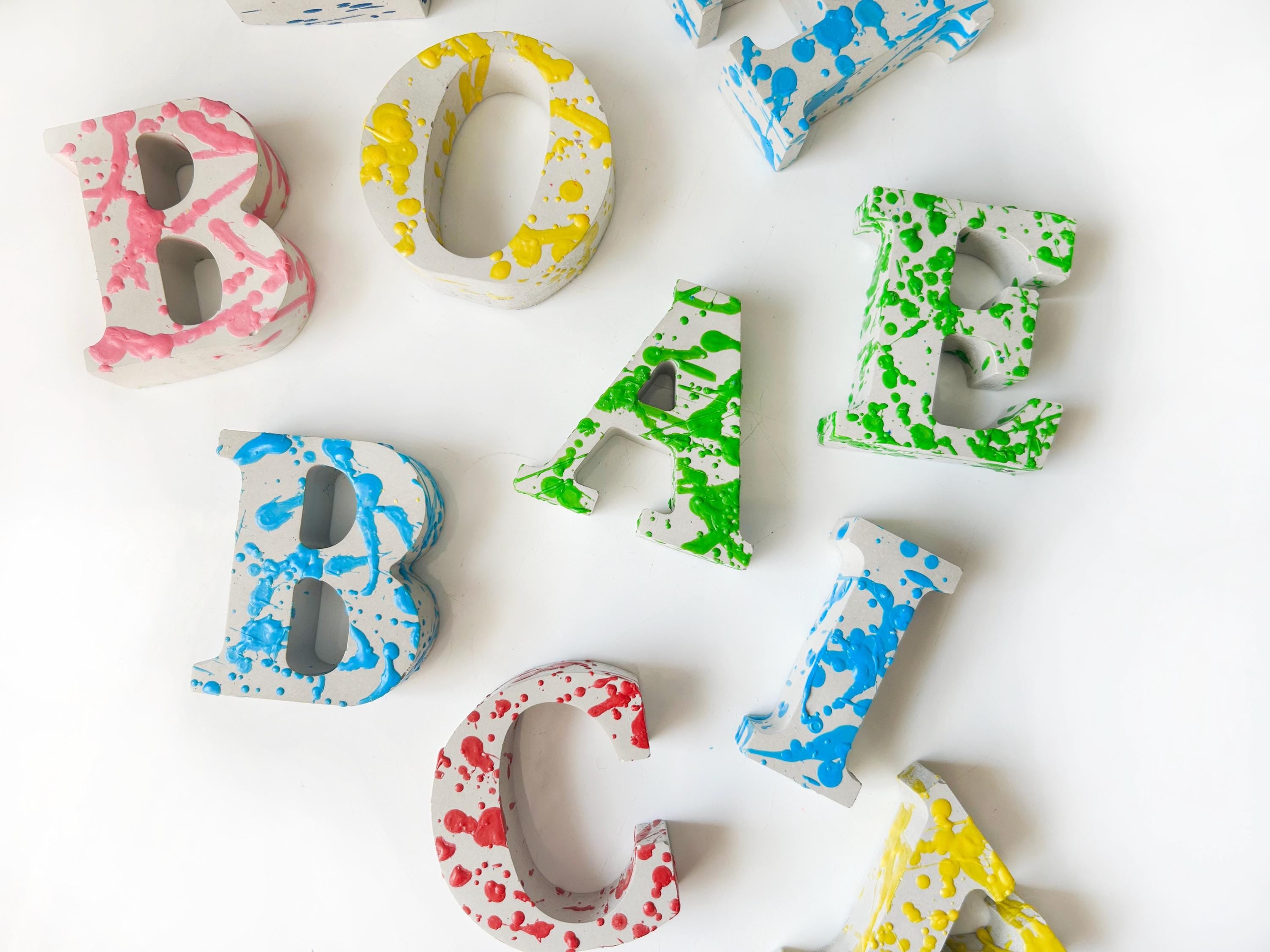 Custom Concrete Letters with Crayon Wax Splatter, Personalized Nursery Decor, Industrial Name Sign, Kids Room Shelf Art, Colorful Initial