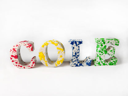 Custom Concrete Letters with Crayon Wax Splatter, Personalized Nursery Decor, Industrial Name Sign, Kids Room Shelf Art, Colorful Initial
