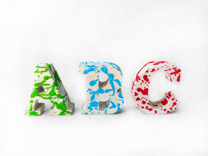 Custom Concrete Letters with Crayon Wax Splatter, Personalized Nursery Decor, Industrial Name Sign, Kids Room Shelf Art, Colorful Initial