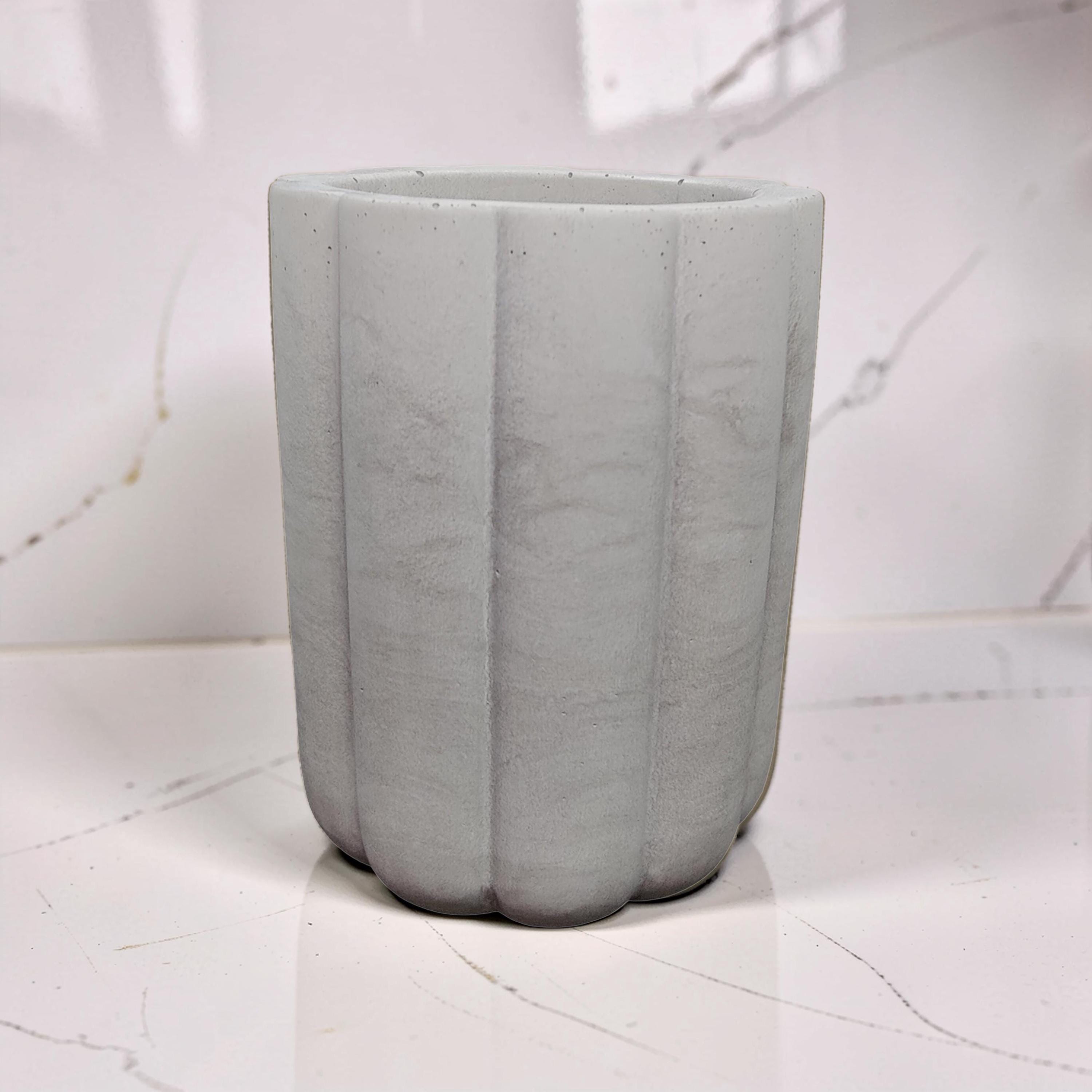 Fluted Concrete Storage Jar - Scandi Style Ribbed Vanity Canister - Minimalist Makeup Brush Holder, Pencil Cup, or Toothbrush Holder