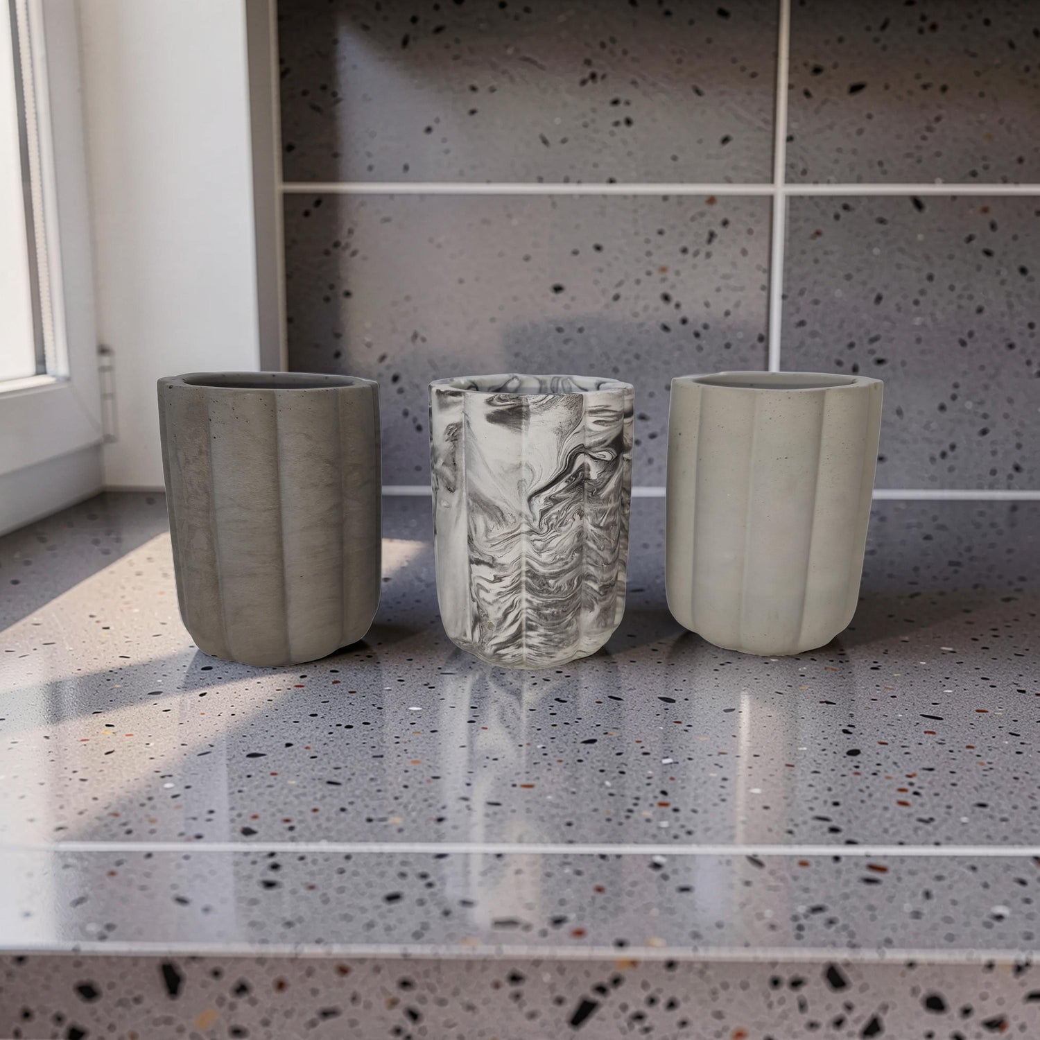 Fluted Concrete Storage Jar - Scandi Style Ribbed Vanity Canister - Minimalist Makeup Brush Holder, Pencil Cup, or Toothbrush Holder