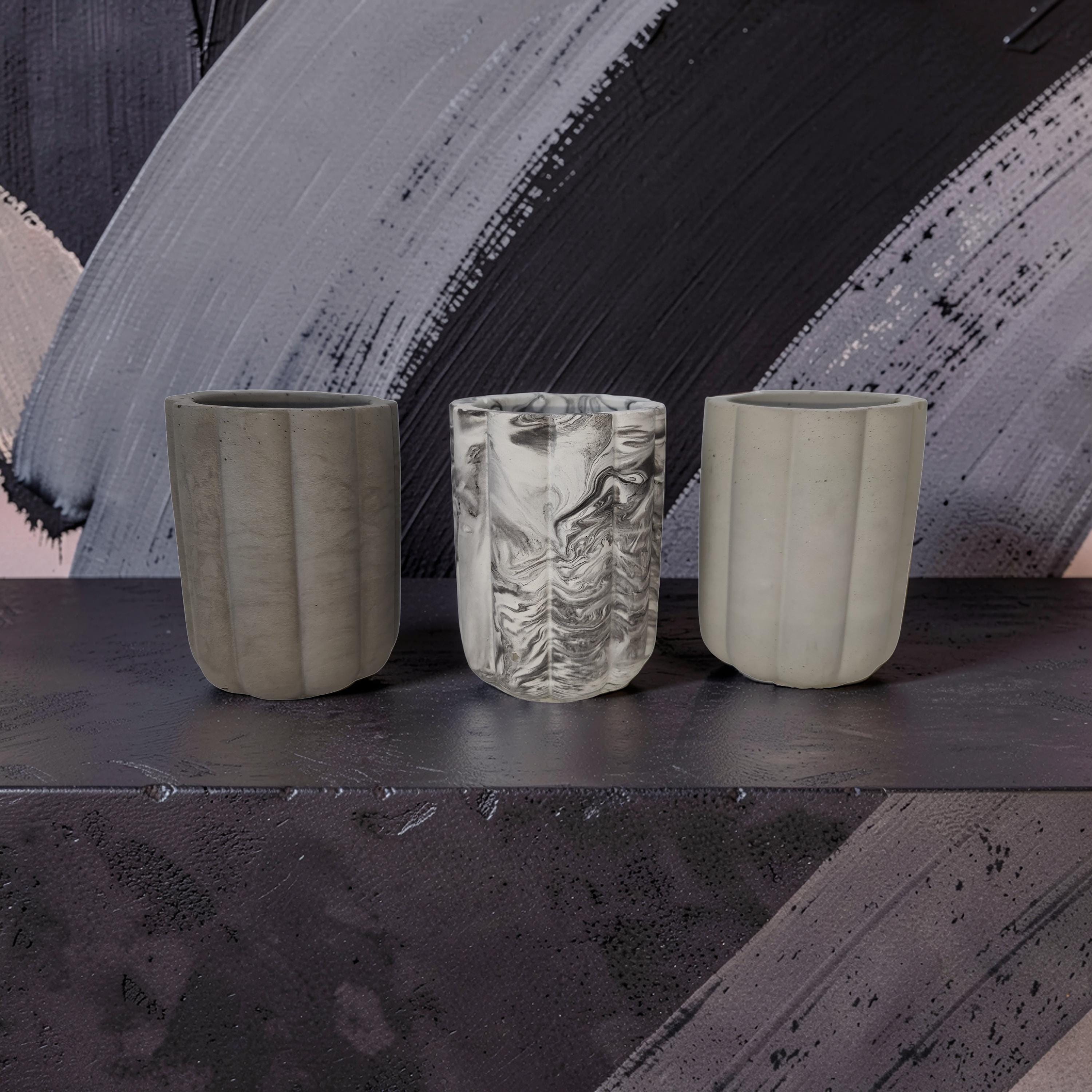 Fluted Concrete Storage Jar - Scandi Style Ribbed Vanity Canister - Minimalist Makeup Brush Holder, Pencil Cup, or Toothbrush Holder