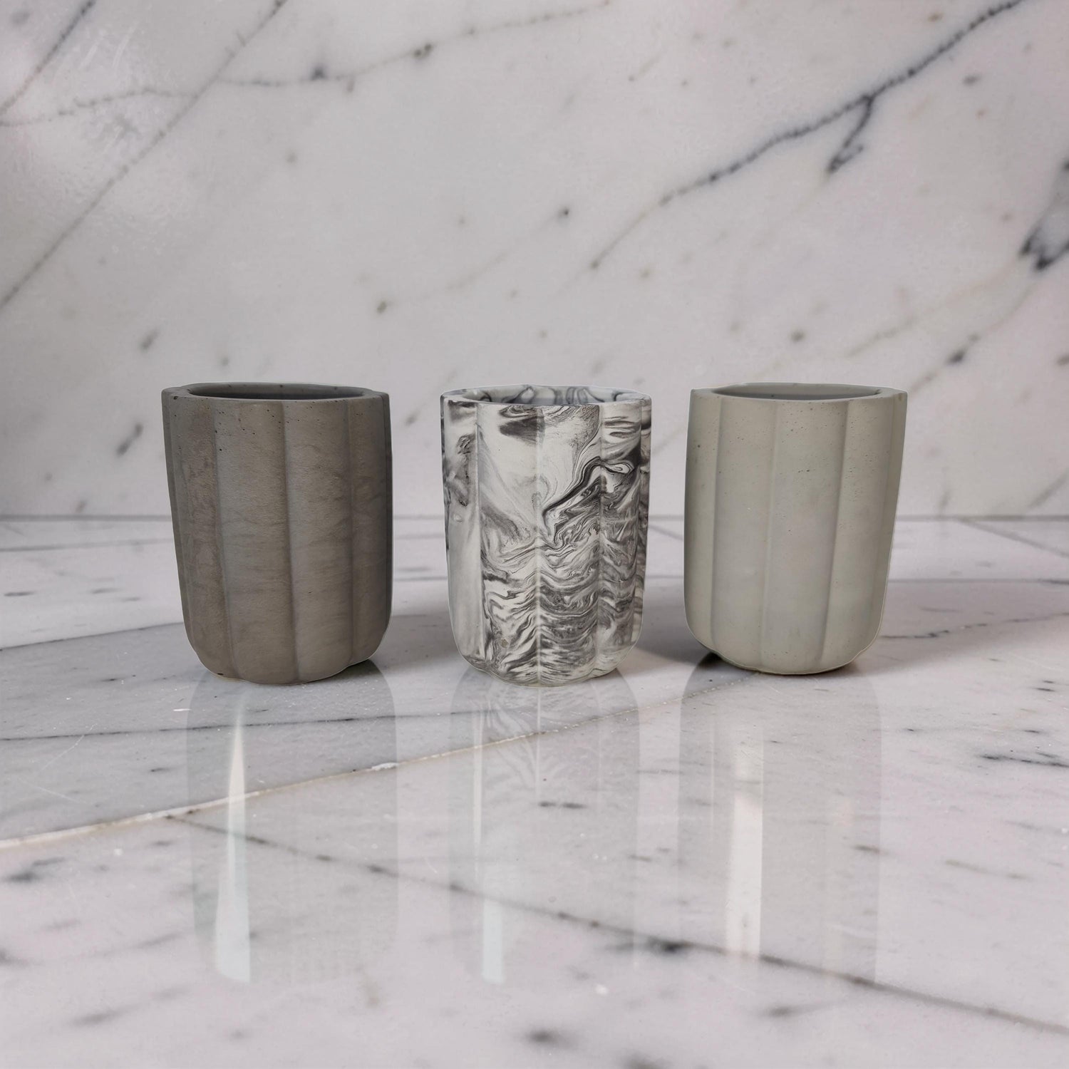 Fluted Concrete Storage Jar - Scandi Style Ribbed Vanity Canister - Minimalist Makeup Brush Holder, Pencil Cup, or Toothbrush Holder