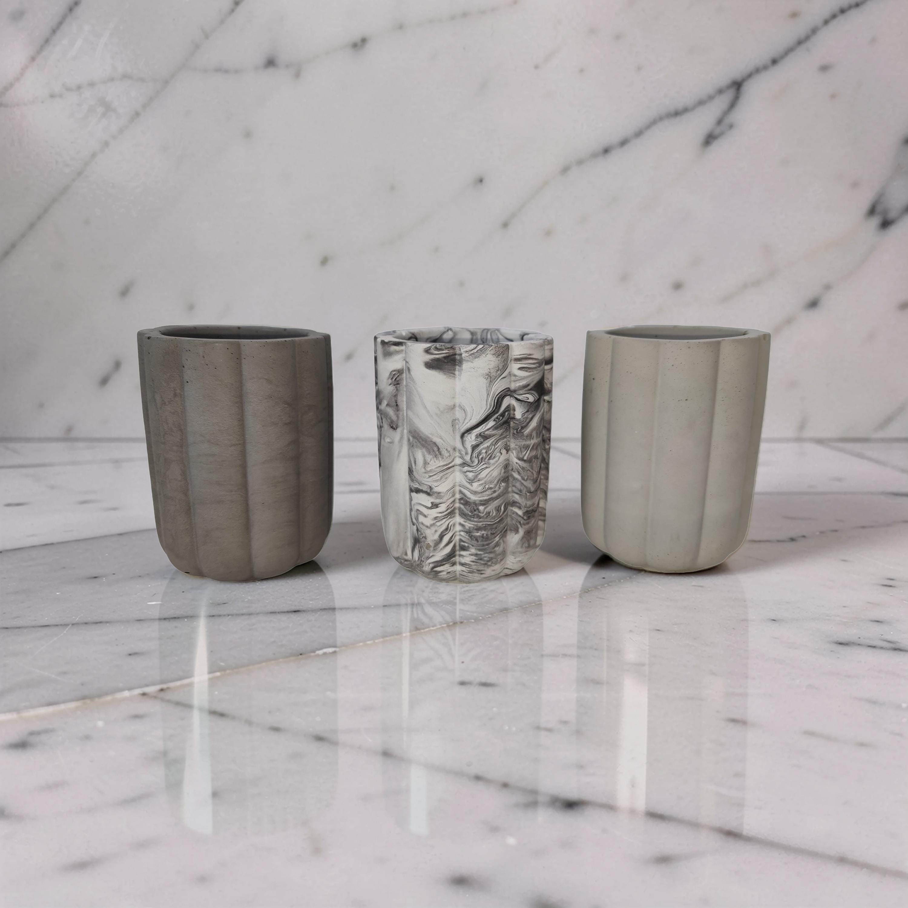 Fluted Concrete Storage Jar - Scandi Style Ribbed Vanity Canister - Minimalist Makeup Brush Holder, Pencil Cup, or Toothbrush Holder