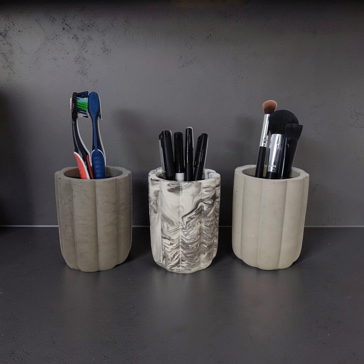 Fluted Concrete Storage Jar - Scandi Style Ribbed Vanity Canister - Minimalist Makeup Brush Holder, Pencil Cup, or Toothbrush Holder