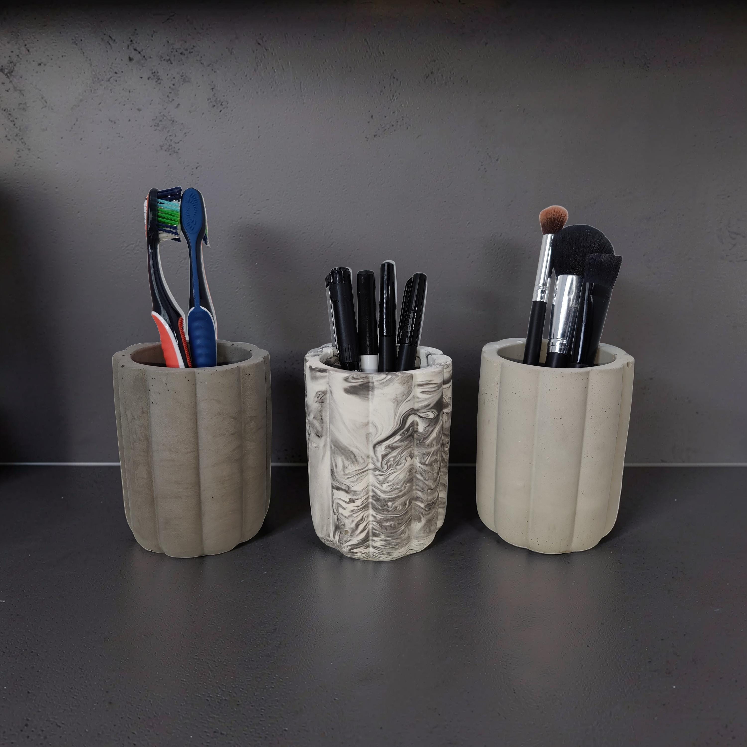 Fluted Concrete Storage Jar - Scandi Style Ribbed Vanity Canister - Minimalist Makeup Brush Holder, Pencil Cup, or Toothbrush Holder