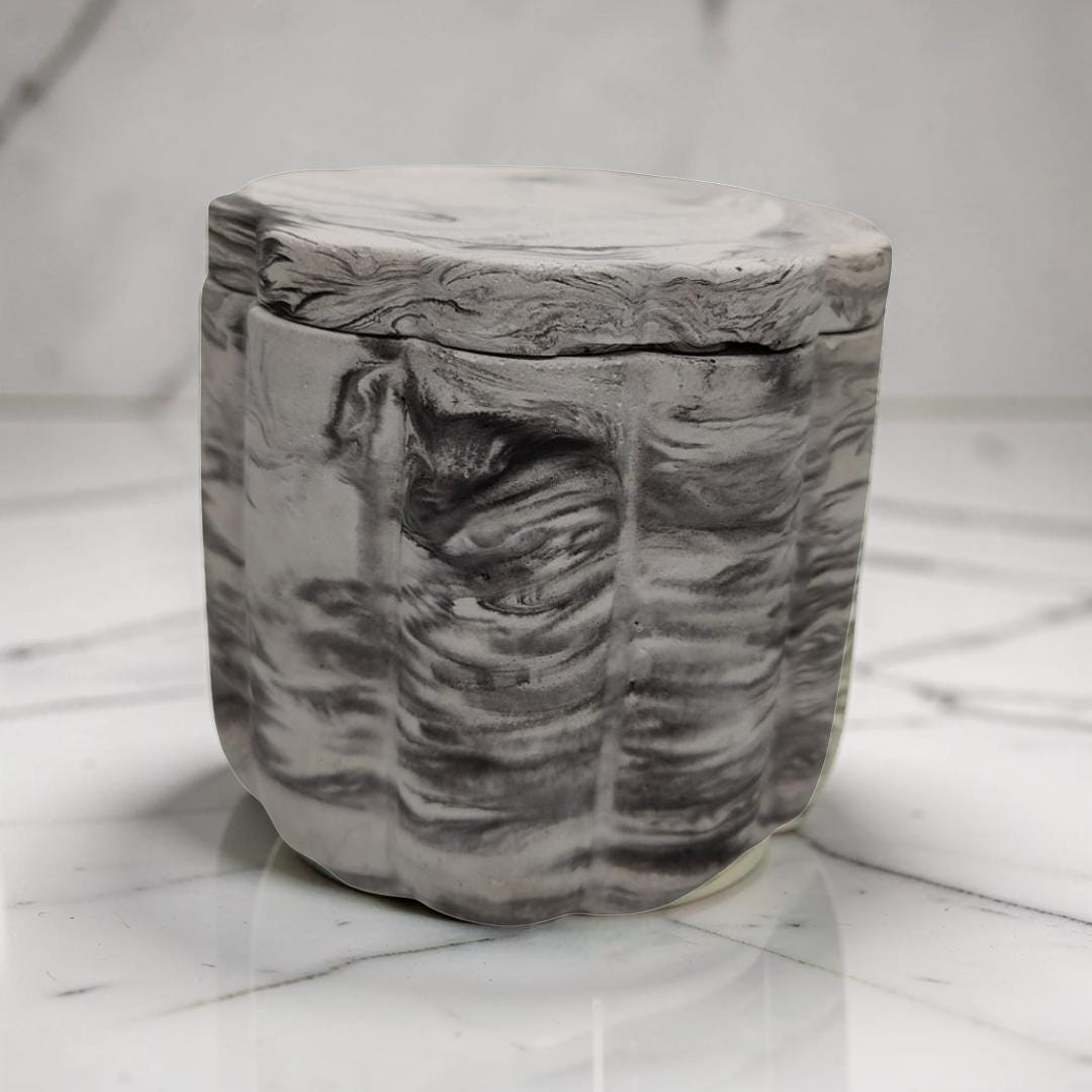 Scalloped Concrete Jar with Lid - Minimalist Bathroom Vanity Organizer - Modern Office Desk Accessories - Marble Jewelry Box - Trinket Dish