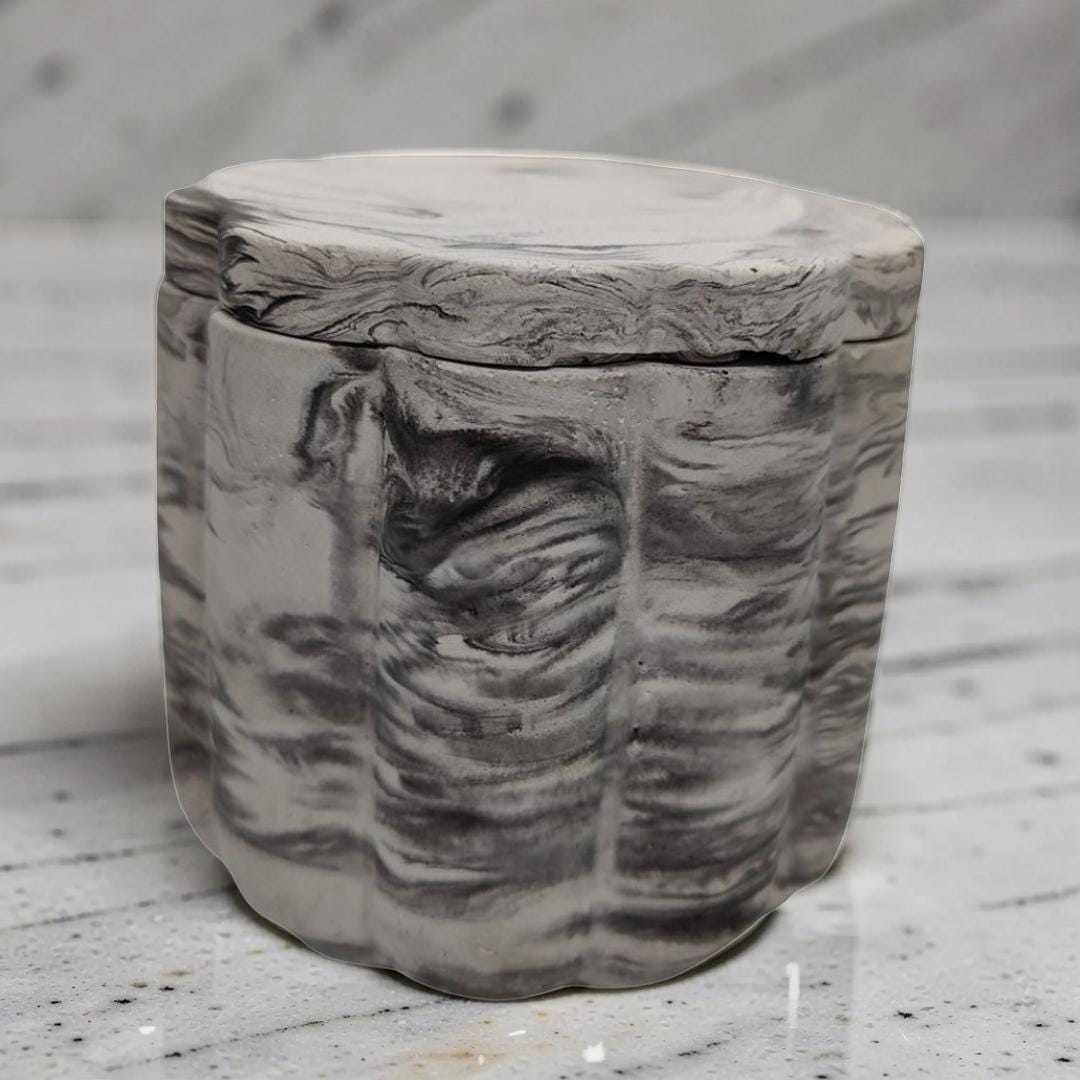 Scalloped Concrete Jar with Lid - Minimalist Bathroom Vanity Organizer - Modern Office Desk Accessories - Marble Jewelry Box - Trinket Dish