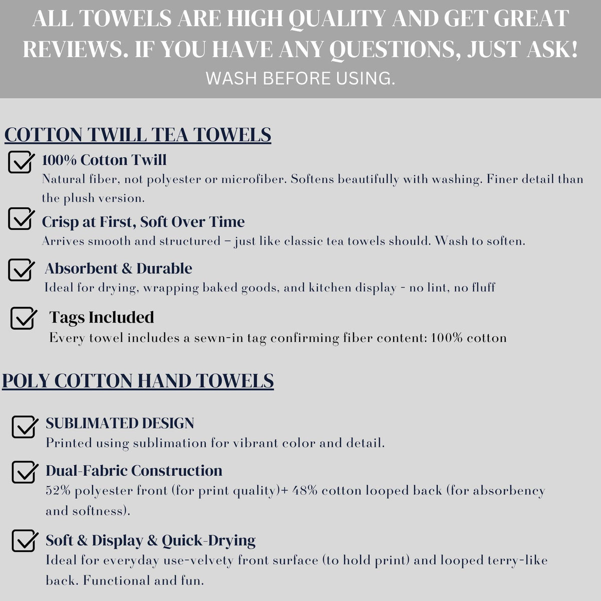 Cotton twill and poly-cotton hand towels, details on fabric and use.