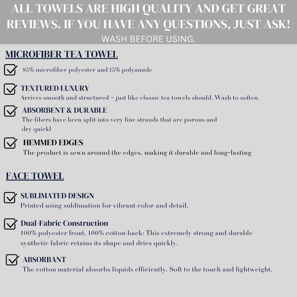 Microfiber and face towels with descriptions of material, texture, and construction.