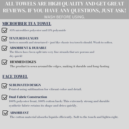 Microfiber and face towels with descriptions of material, texture, and construction.