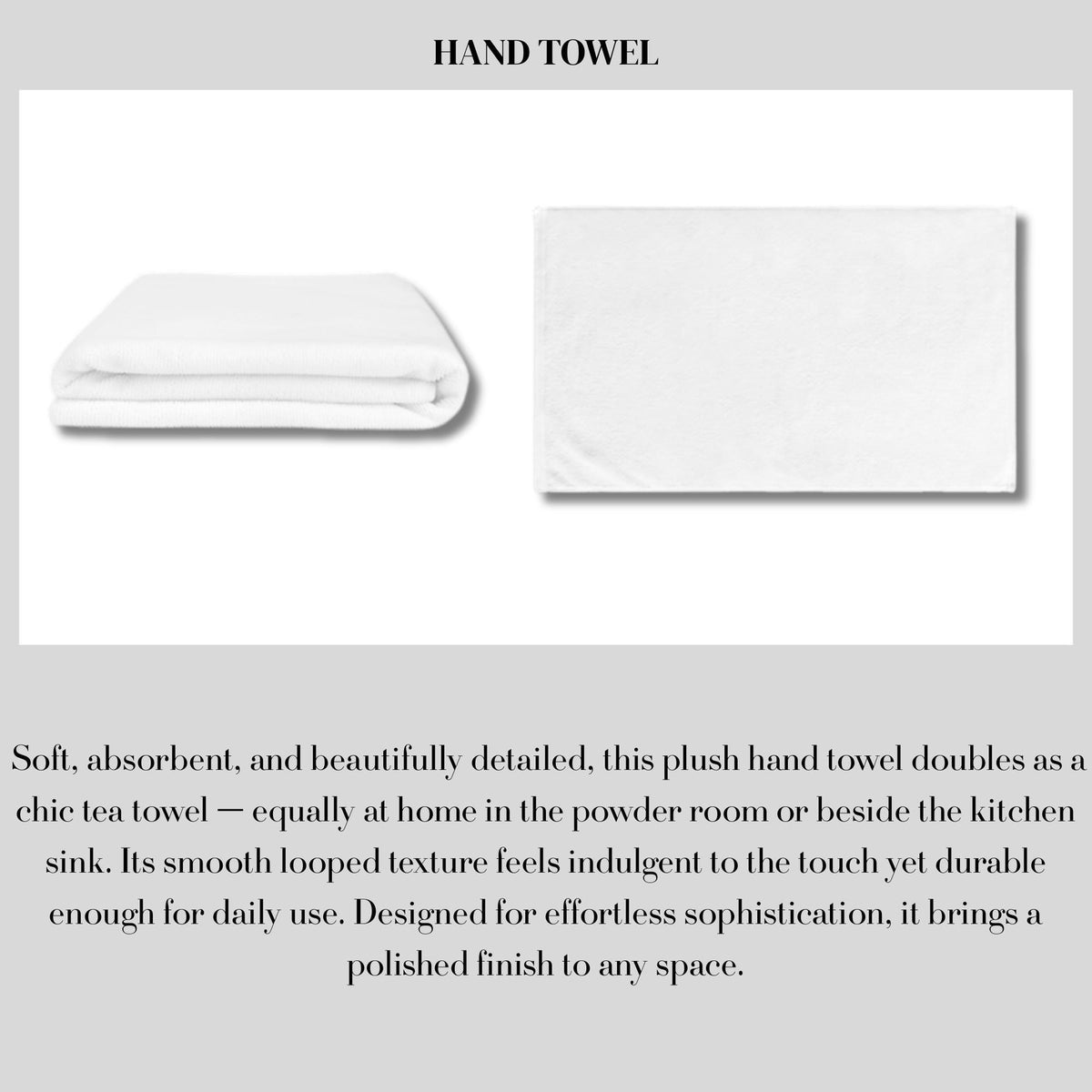 White plush hand towel, folded and flat lay views, with product description.