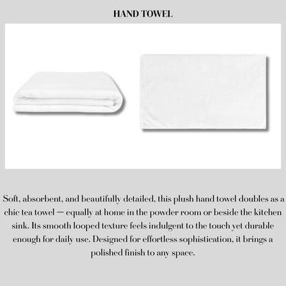 White plush hand towel, folded and flat lay views, with product description.