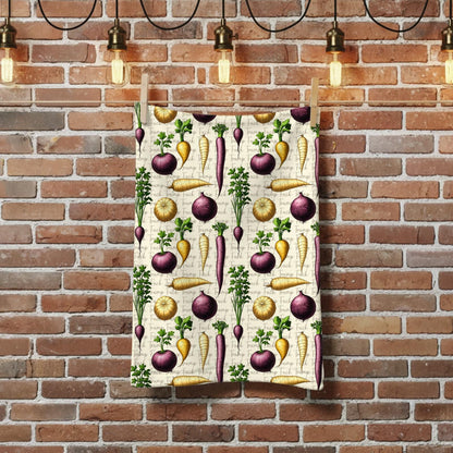 Kitchen towel with a repeating pattern of carrots, turnips, and other vegetables.