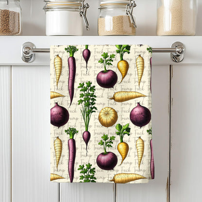 Towel with pattern of vegetables and text including &amp;quot;Trump&amp;quot; and &amp;quot;Fuck&amp;quot;.