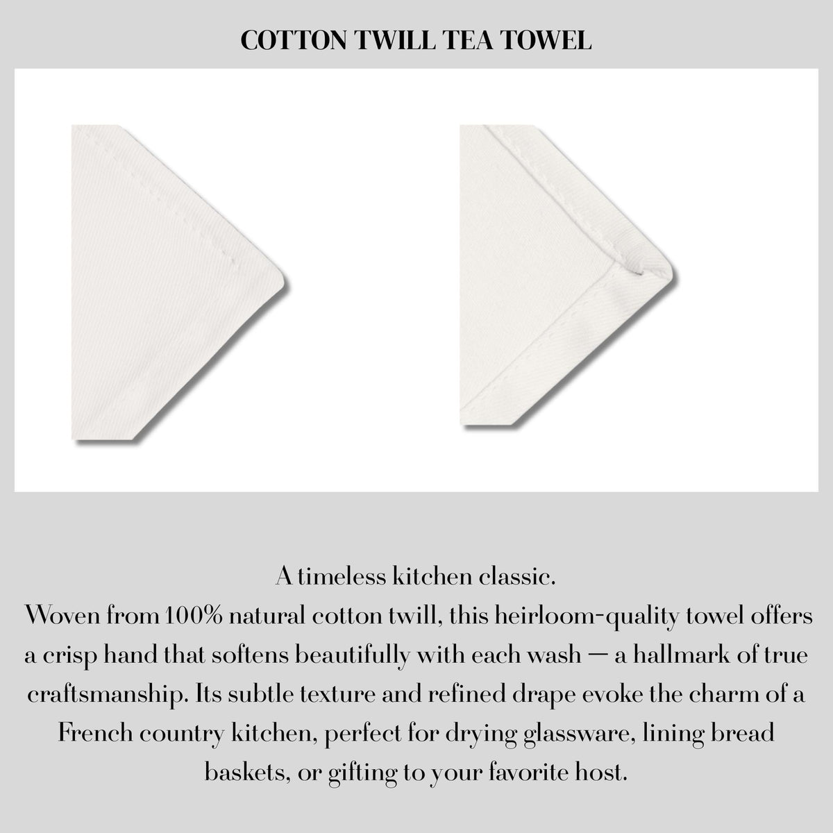 Cotton twill tea towel detail showing texture and stitching.