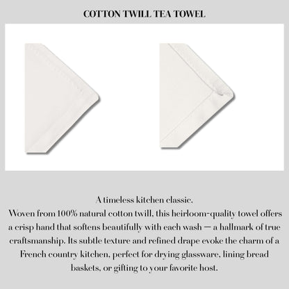Cotton twill tea towel detail showing texture and stitching.