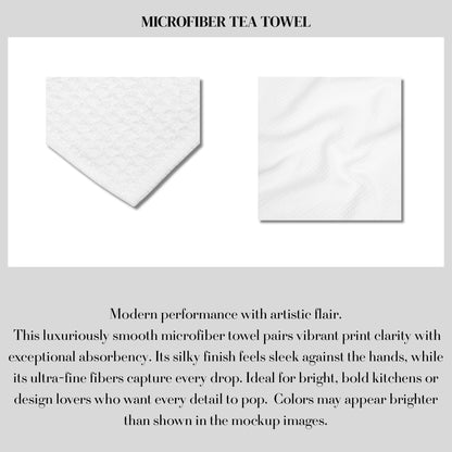 White microfiber tea towel product detail shots and description.