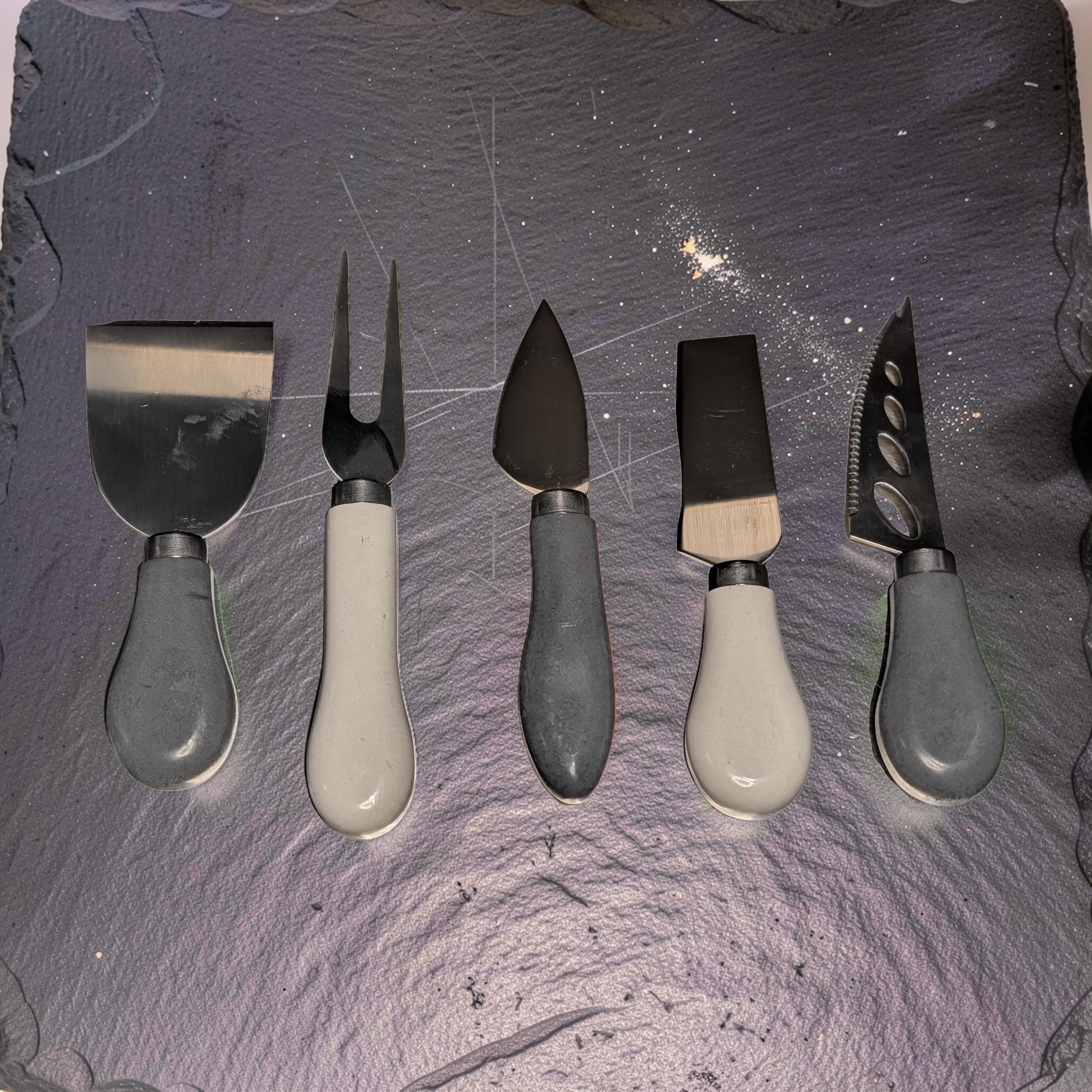 5-Piece Concrete Handle Charcuterie Set | Modern Industrial Cheese Knives | Food Safe Resin Sealed | Unique Housewarming Gift