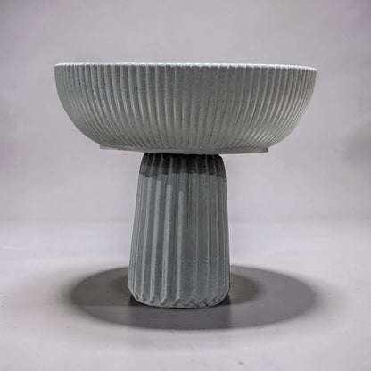 Large Grey Concrete Pedestal Bowl - 10&amp;quot; Fluted Decorative Fruit Bowl - Modern Scandi Centerpiece - Ribbed Cement Compote Vase
