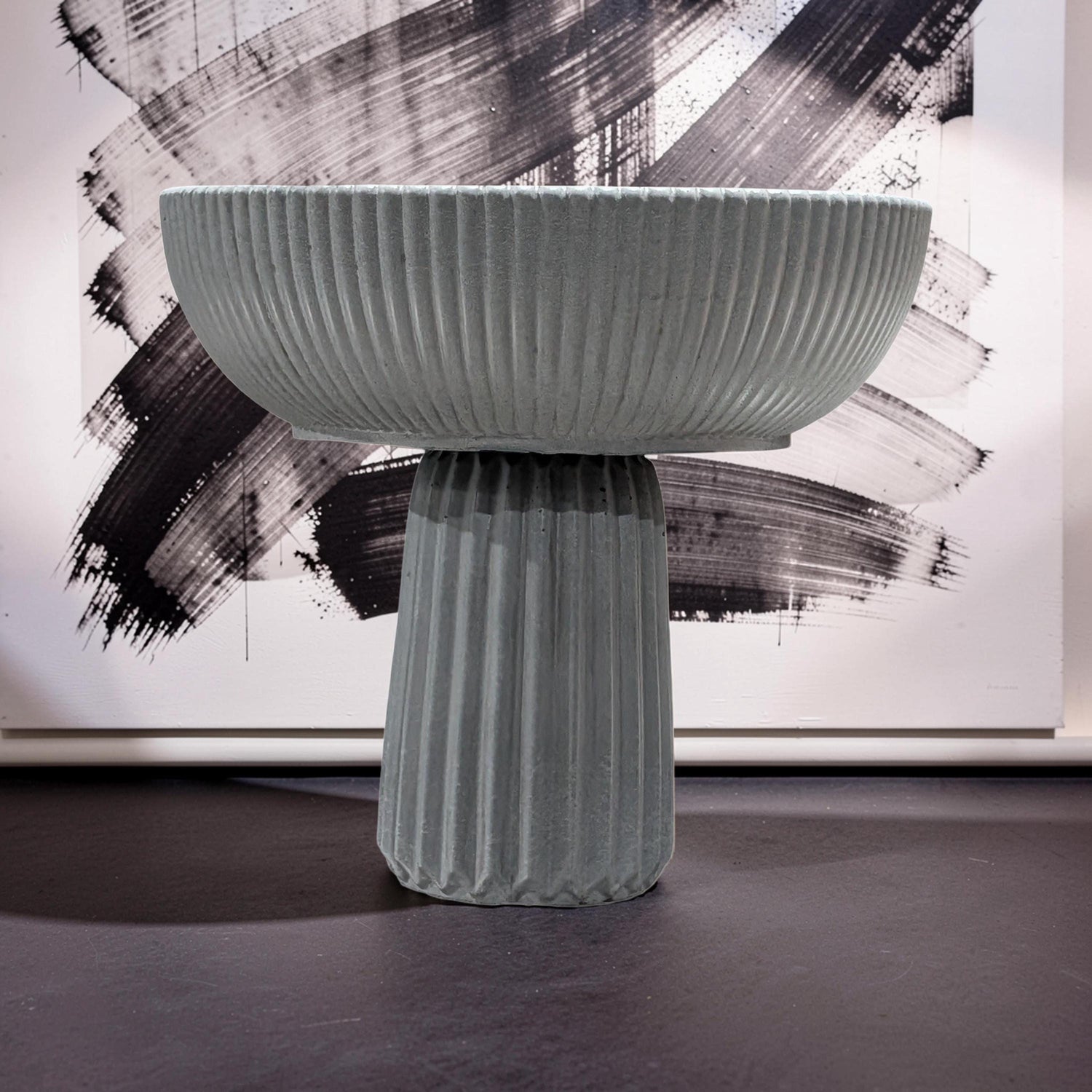 Large Grey Concrete Pedestal Bowl - 10&amp;quot; Fluted Decorative Fruit Bowl - Modern Scandi Centerpiece - Ribbed Cement Compote Vase
