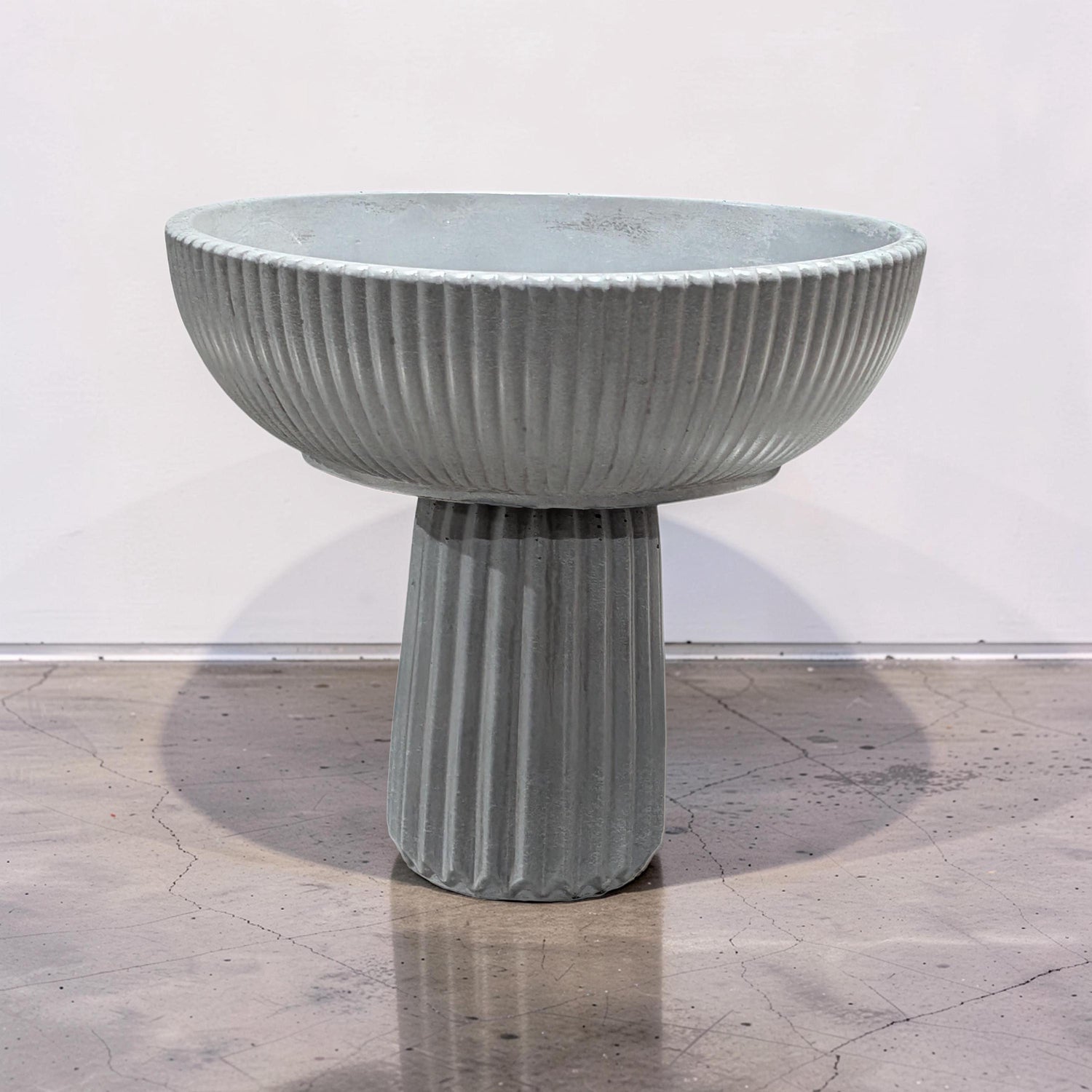 Large Grey Concrete Pedestal Bowl - 10&amp;quot; Fluted Decorative Fruit Bowl - Modern Scandi Centerpiece - Ribbed Cement Compote Vase