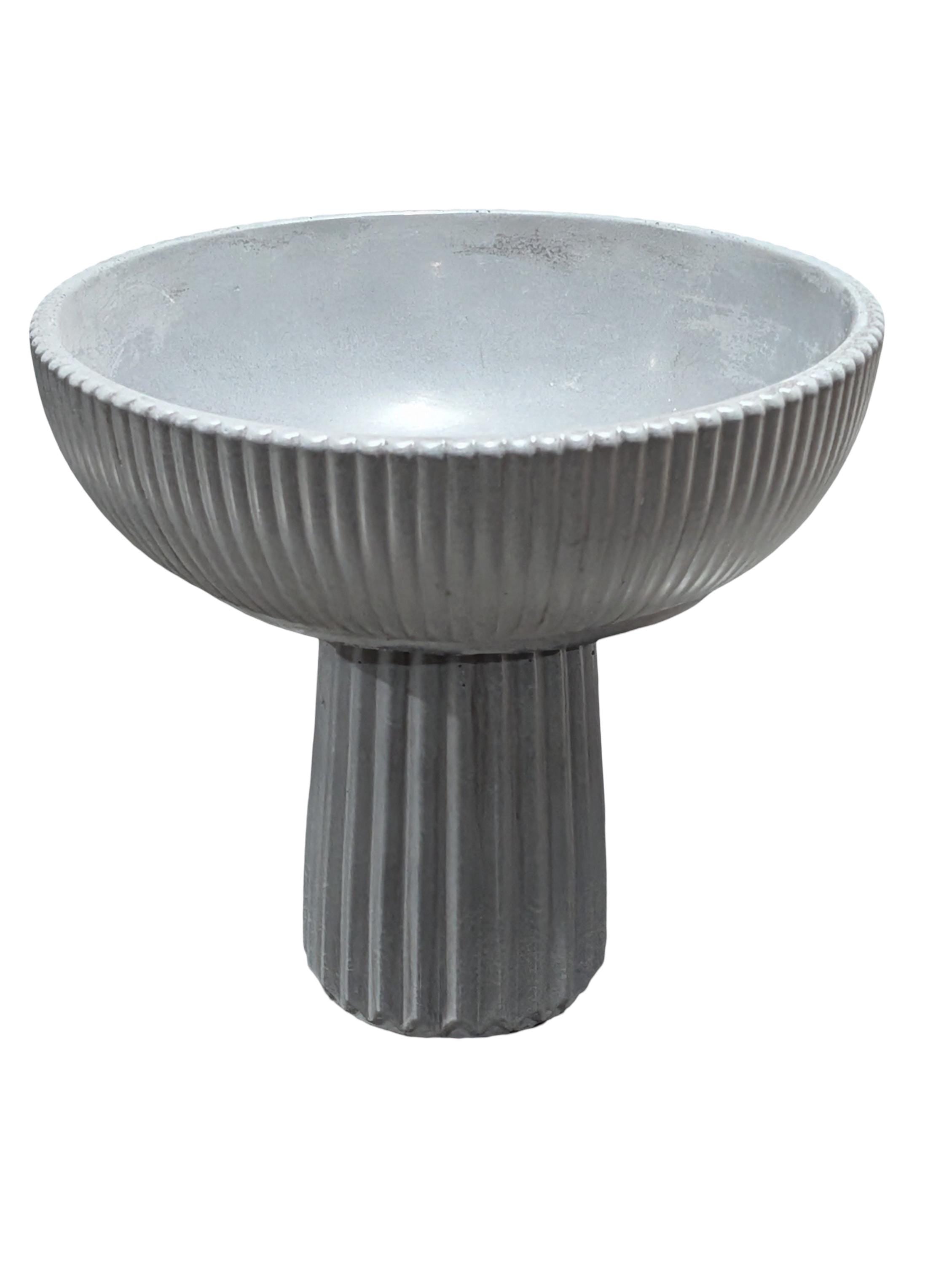 Large Grey Concrete Pedestal Bowl - 10&amp;quot; Fluted Decorative Fruit Bowl - Modern Scandi Centerpiece - Ribbed Cement Compote Vase