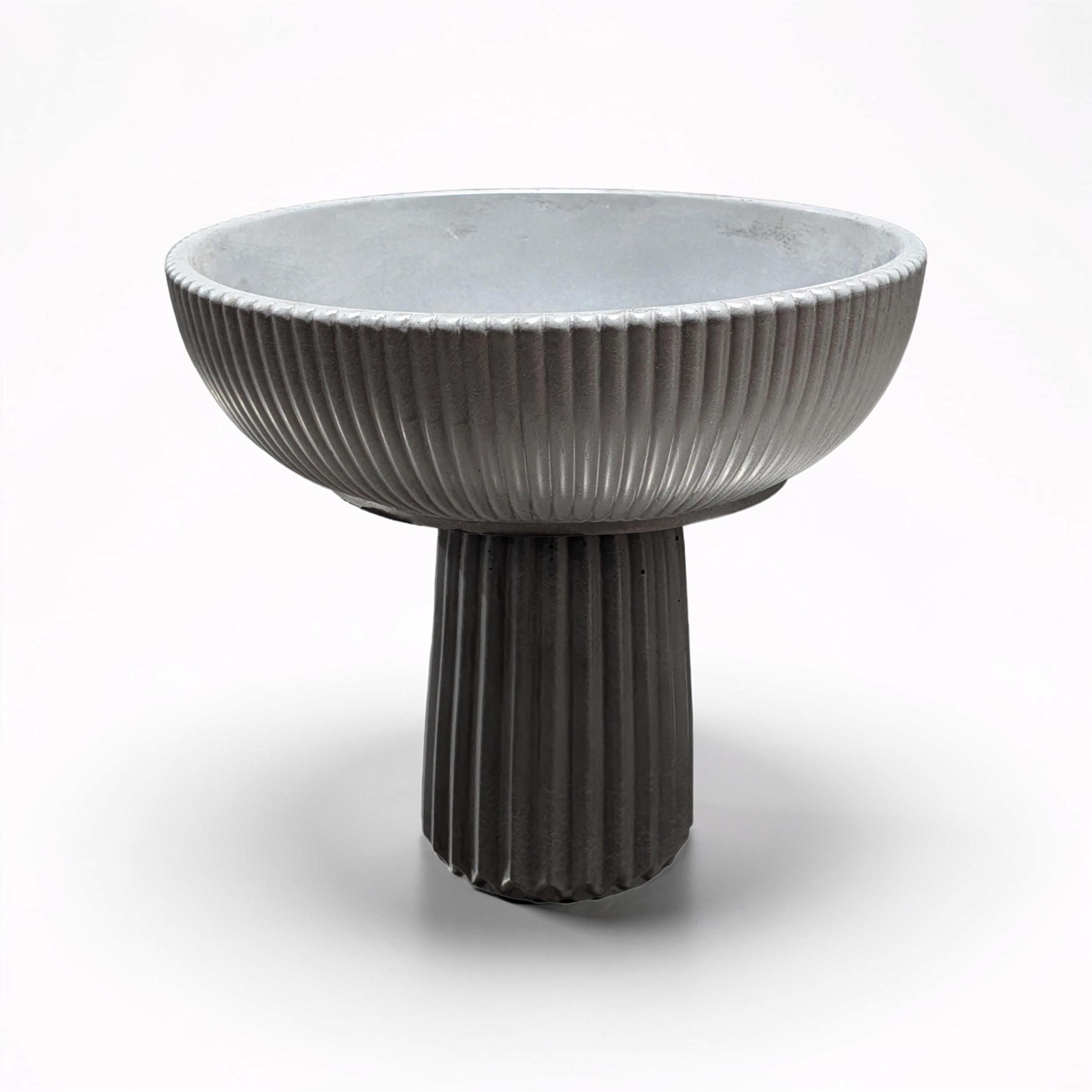 Large Grey Concrete Pedestal Bowl - 10&amp;quot; Fluted Decorative Fruit Bowl - Modern Scandi Centerpiece - Ribbed Cement Compote Vase