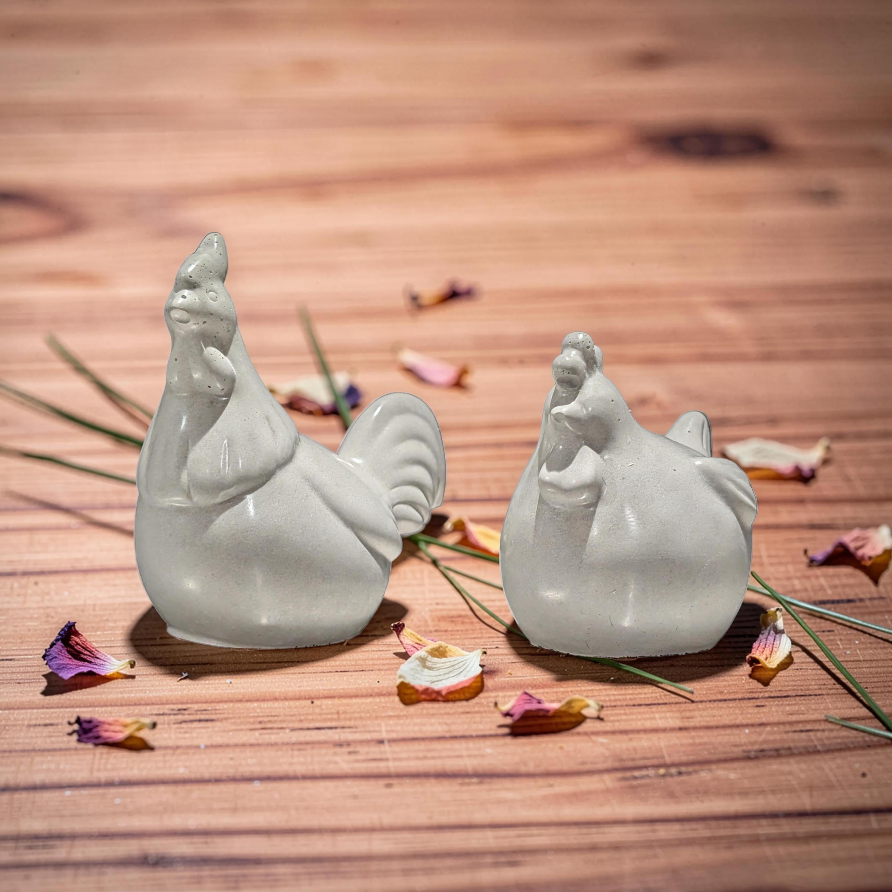 Handmade Concrete Chicken Statue Set – Minimalist Farmhouse Decor – Modern Industrial Rooster &amp; Hen Figurines – Nordic Style Concrete Bird