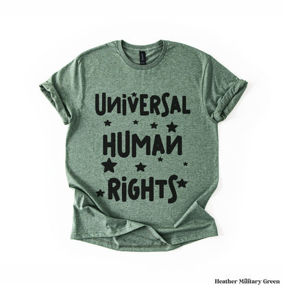 Green t-shirt with &amp;quot;Universal Human Rights&amp;quot; and stars in black text.