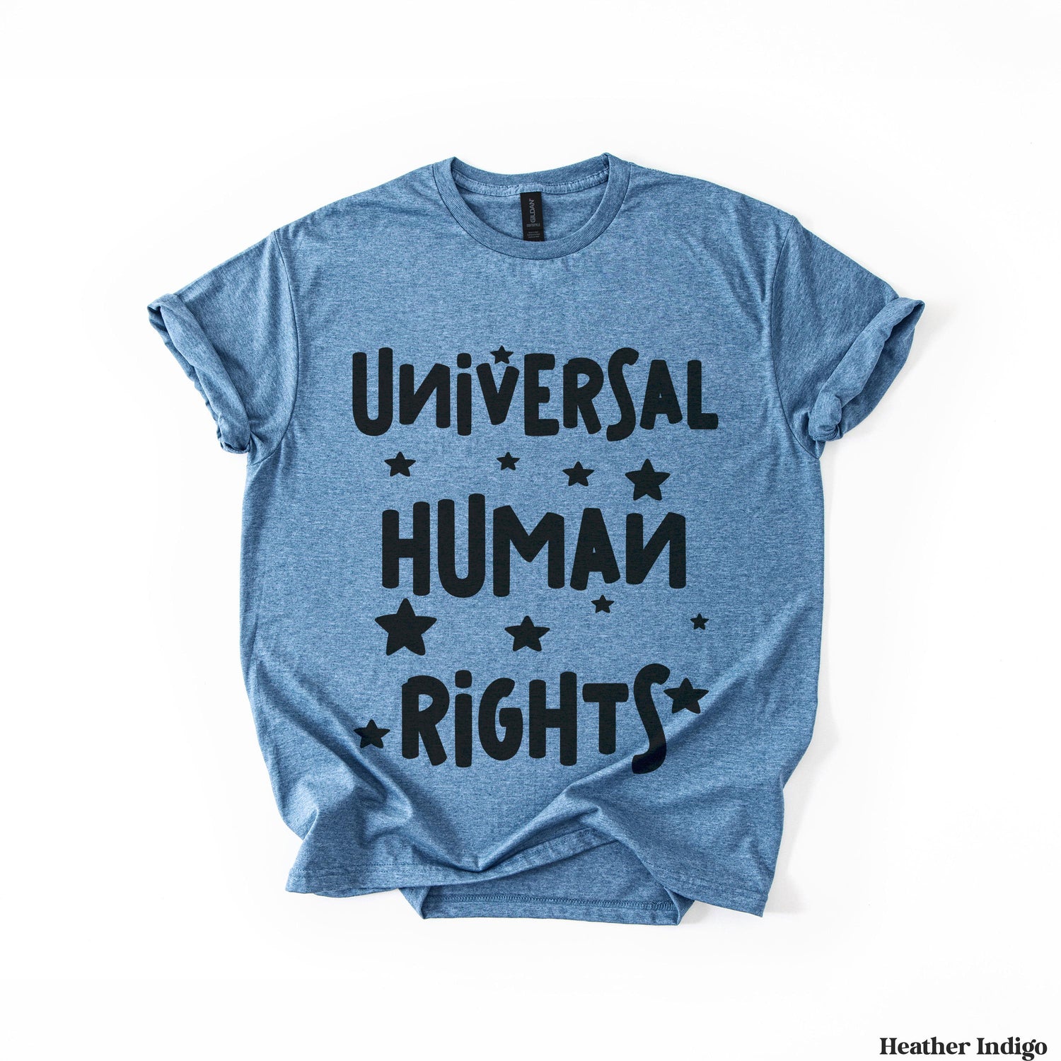 Heather indigo t-shirt with &amp;quot;Universal Human Rights&amp;quot; and stars in black.