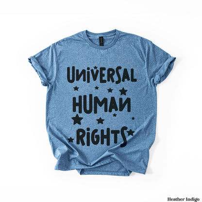 Heather indigo t-shirt with &amp;quot;Universal Human Rights&amp;quot; and stars in black.