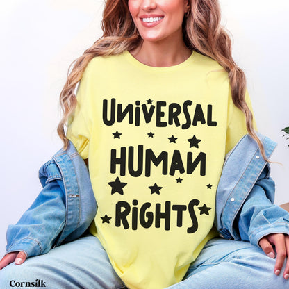 Yellow t-shirt with &amp;quot;Universal Human Rights&amp;quot; and stars printed in black.