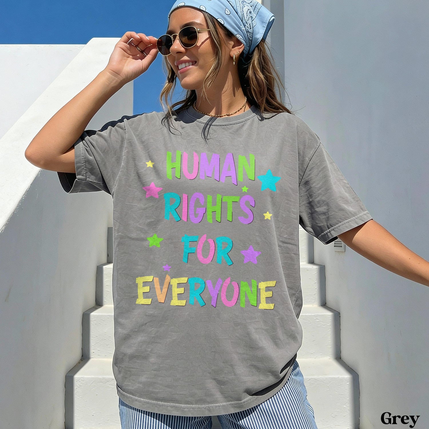 Gray t-shirt with &amp;quot;HUMAN RIGHTS FOR EVERYONE&amp;quot; in colorful block letters.