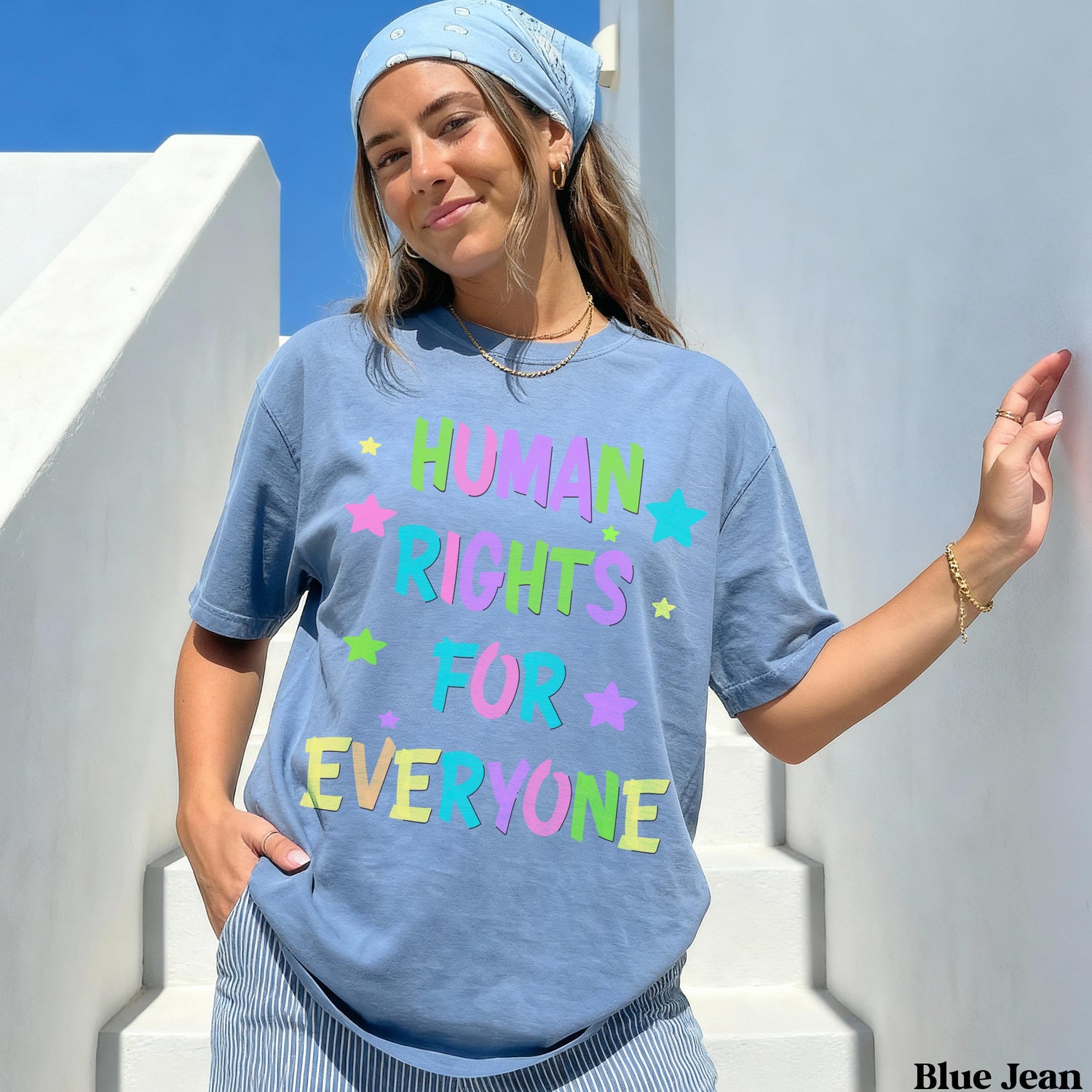 Blue t-shirt with &amp;quot;HUMAN RIGHTS FOR EVERYONE&amp;quot; in colorful block letters.
