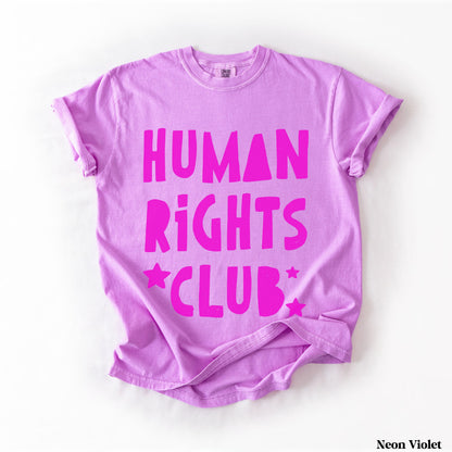 Purple t-shirt with &amp;quot;HUMAN RIGHTS CLUB&amp;quot; in pink text and star accents.