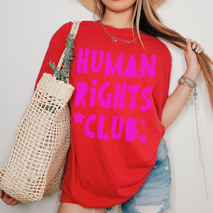 Red t-shirt with pink &amp;quot;Human Rights Club&amp;quot; text and stars.