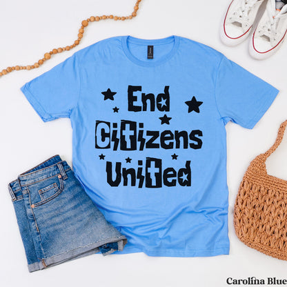 Light blue t-shirt with black text and stars reading &amp;quot;End Citizens United.&amp;quot;