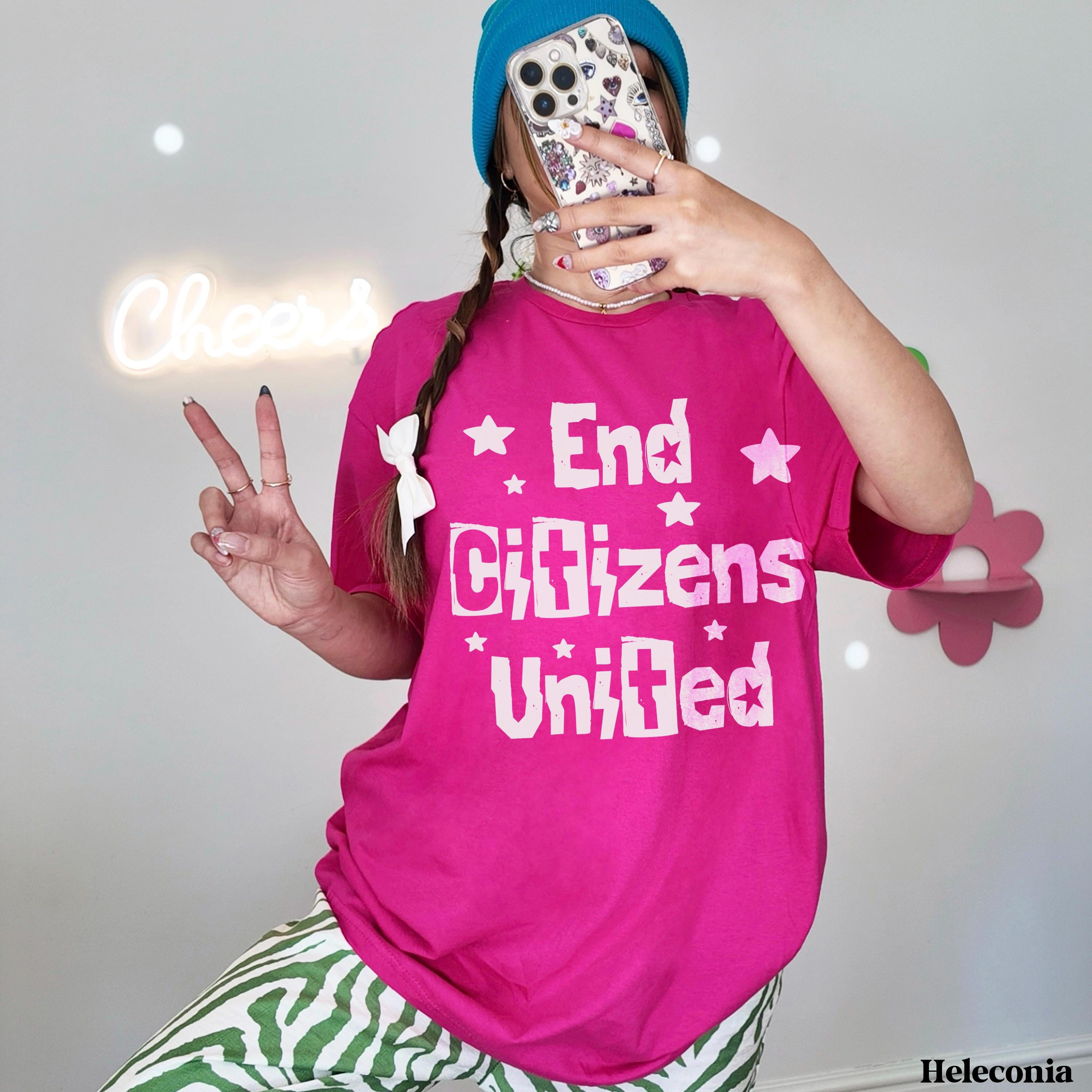 Woman in pink t-shirt with &amp;quot;End Citizens United&amp;quot; text, peace sign.
