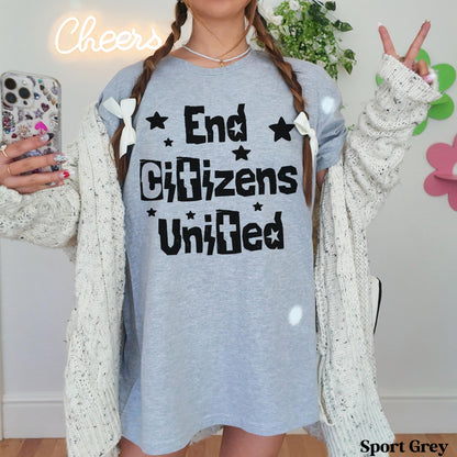 Woman wearing grey t-shirt with &amp;quot;End Citizens United&amp;quot; text and white ribbon bows in braids.