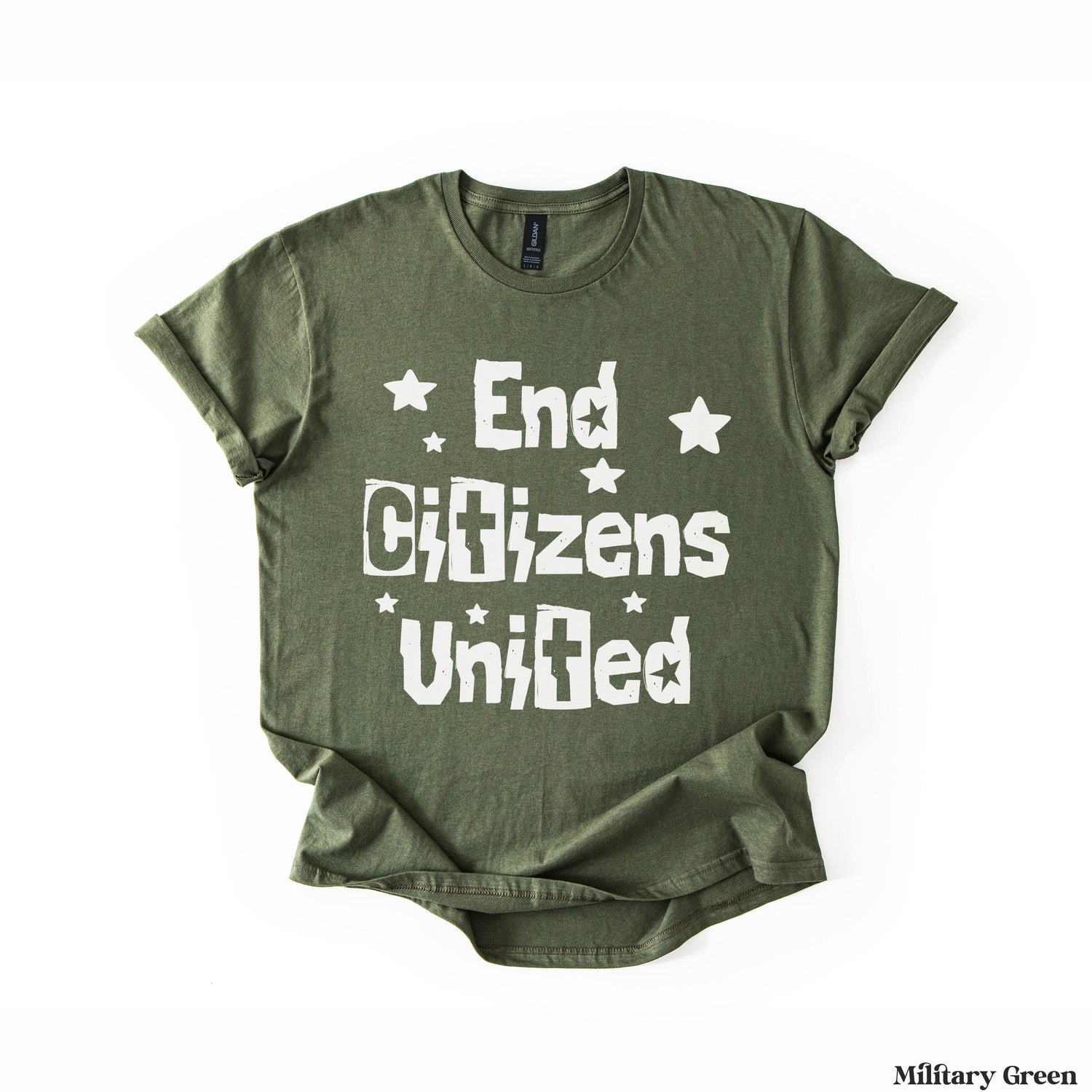 Olive green t-shirt with white text &amp;quot;End Citizens United&amp;quot; and stars.