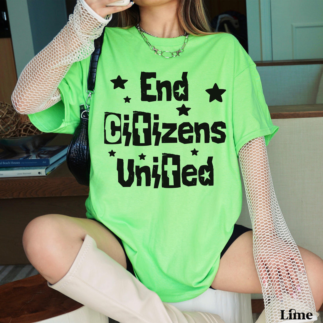 Neon green t-shirt with black text &amp;quot;End Citizens United&amp;quot; and stars.