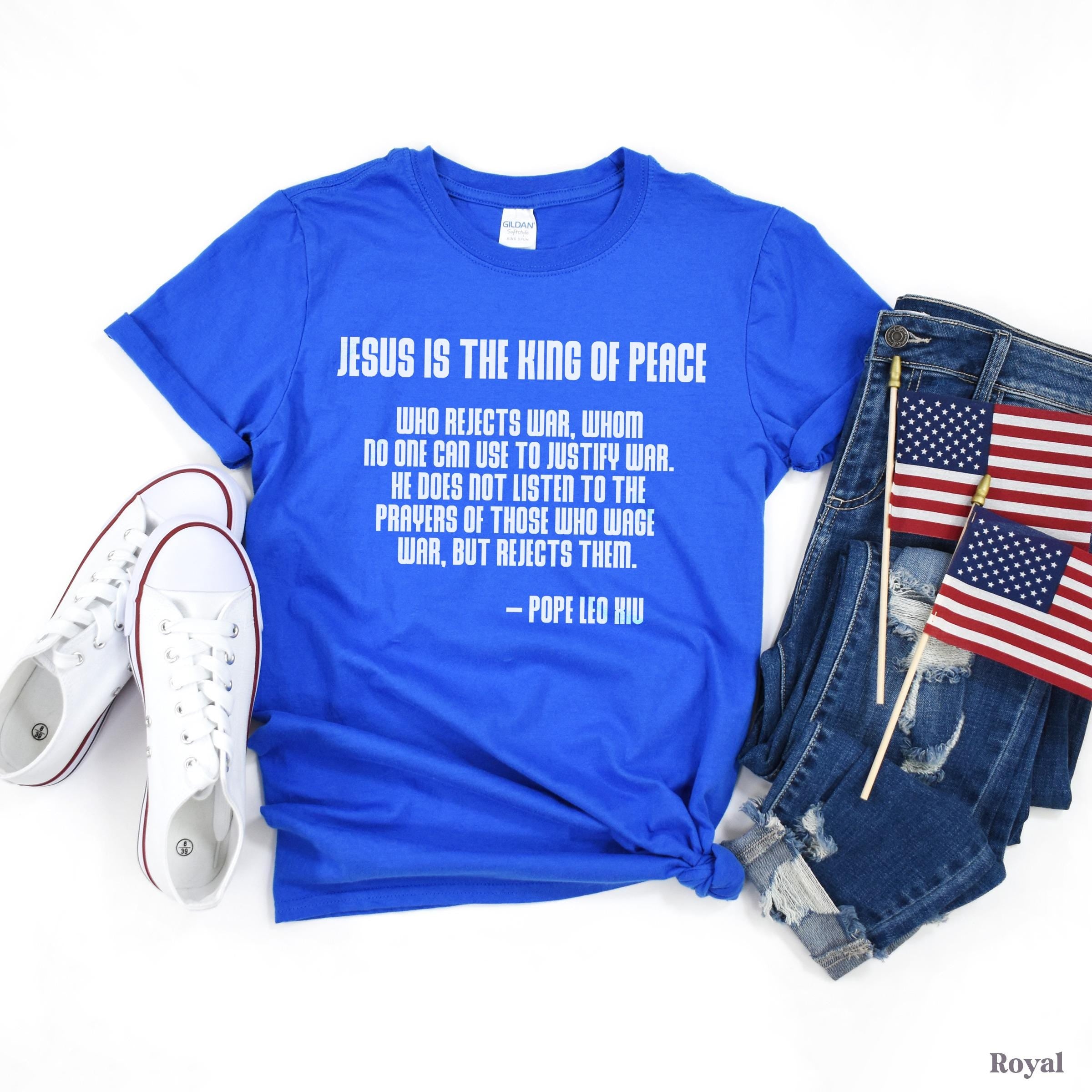 Royal blue t-shirt with quote &amp;quot;Jesus is the King of Peace&amp;quot; and Pope Leo XIII&amp;