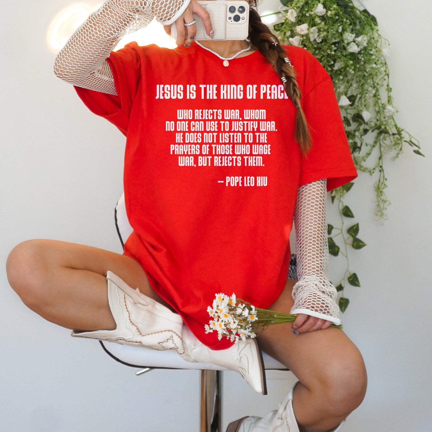 Red t-shirt with Pope Leo XIII quote about peace and war.