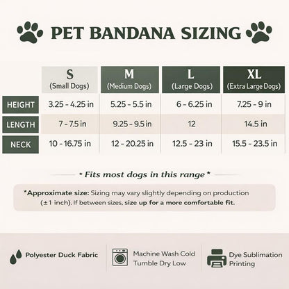 Pet bandana sizing chart with measurements for Small, Medium, Large, and XL dogs.