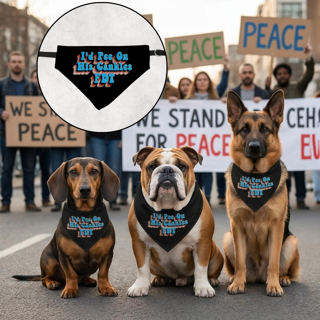Three dogs wearing bandanas that say &amp;quot;I&amp;