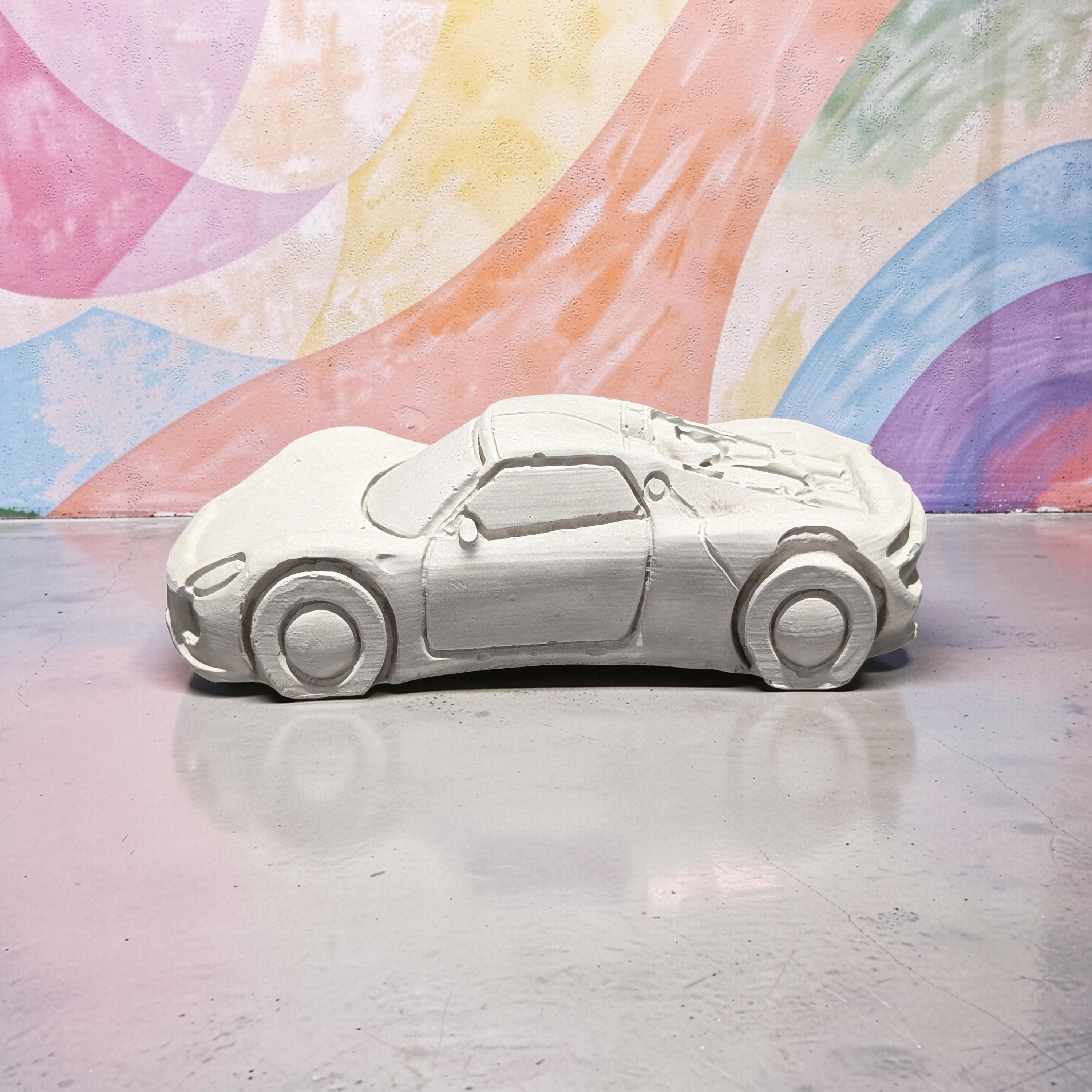 Concrete Car Sculpture for Painting | DIY Race Car Craft for Kids | Minimalist Brutalist Home Decor | Kids Birthday Party Favors | Paintable