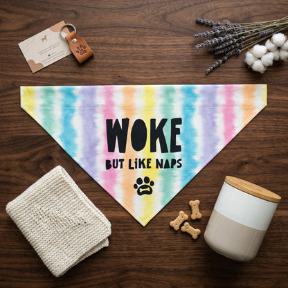 Tie-dye bandana with &amp;quot;WOKE BUT LIKE NAPS&amp;quot; text and dog paw print.