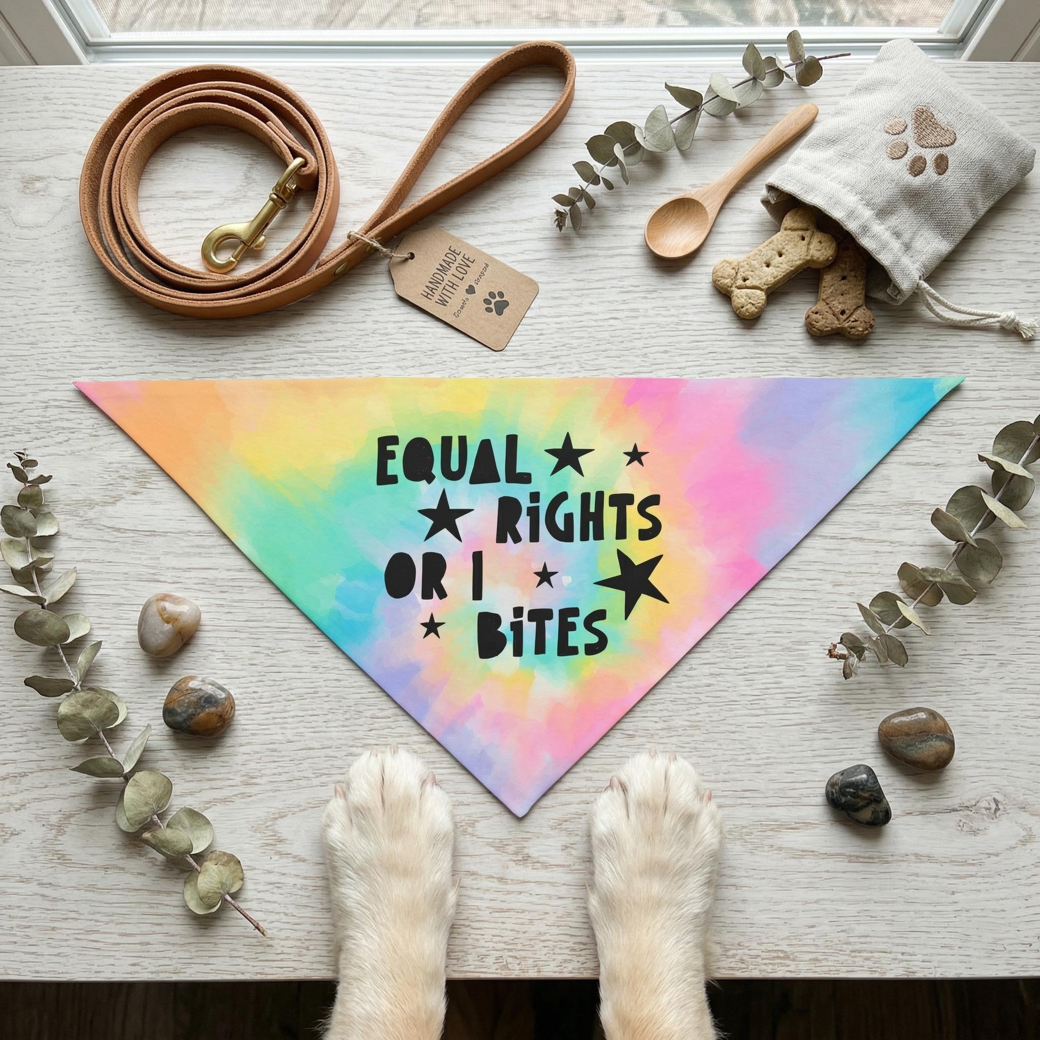 Tie-dye dog bandana with &amp;quot;EQUAL RIGHTS OR I BITES&amp;quot; text, with dog paws and accessories.