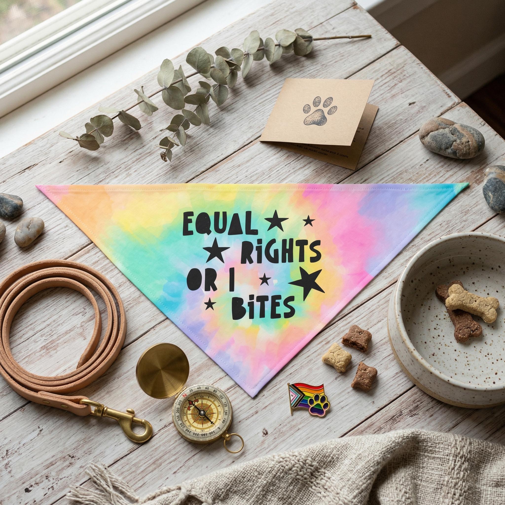 Tie-dye bandana with text &amp;quot;Equal rights or I bites&amp;quot; and dog accessories.